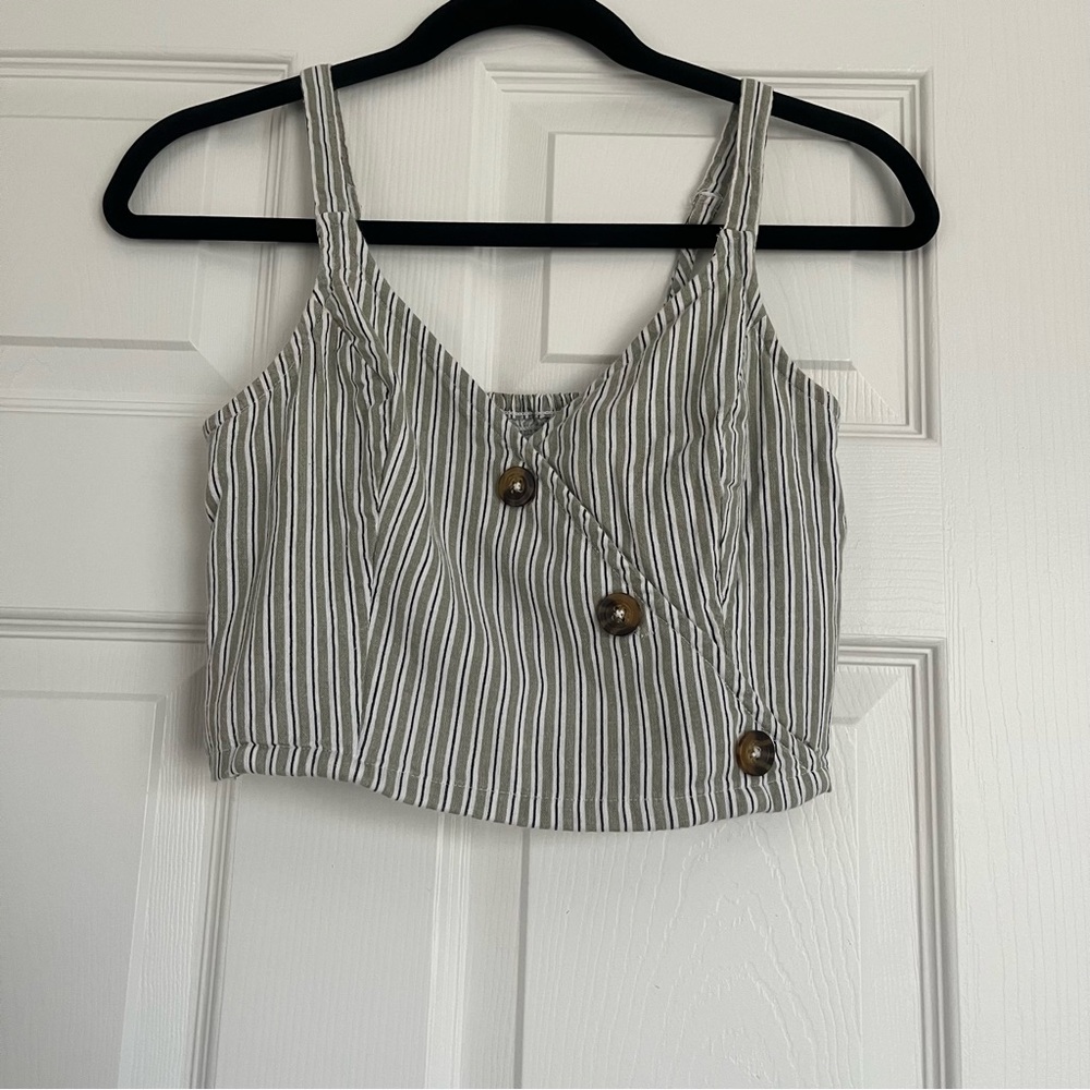 Hollister Green and White Striped Crop Top with Buttons Size M